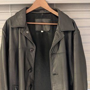 Men's Black Faux Leather Collared Jacket Coat Large